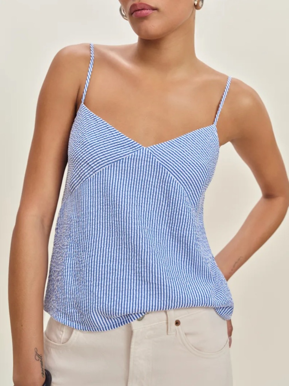 REFORMATION Striped Blue Spaghetti Strap Top